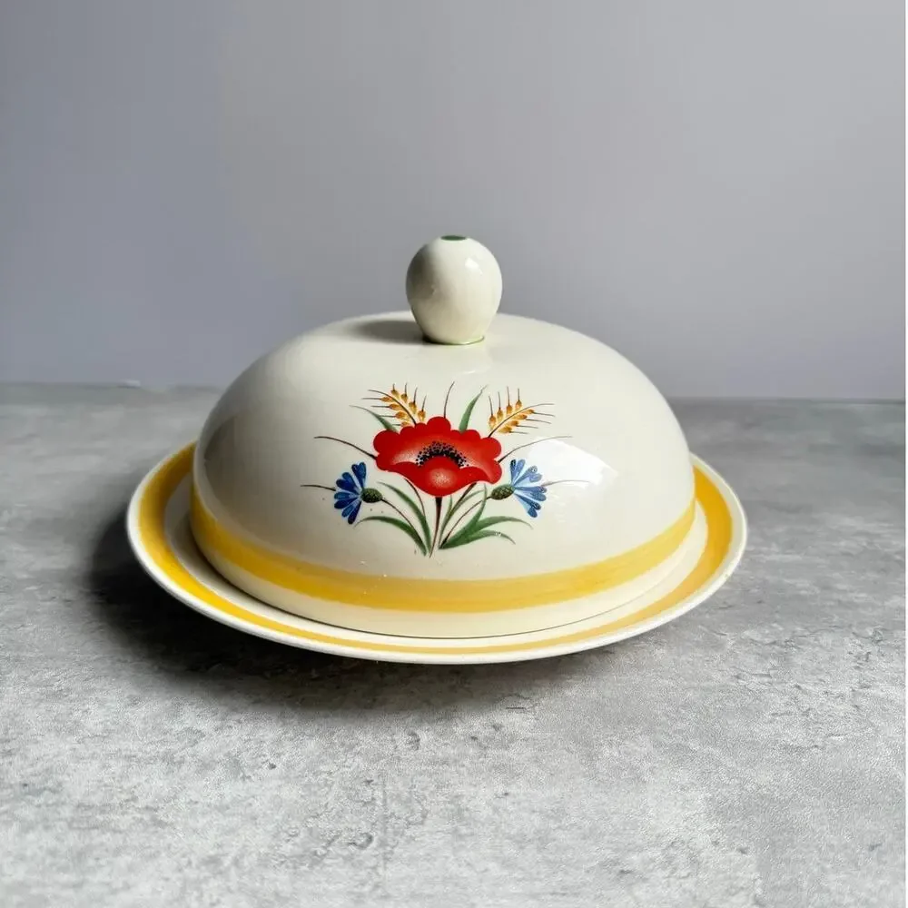 Vintage Arabia Suomi Finland Kesa Cheese Butter Dish Mid Century MCM Red Poppy